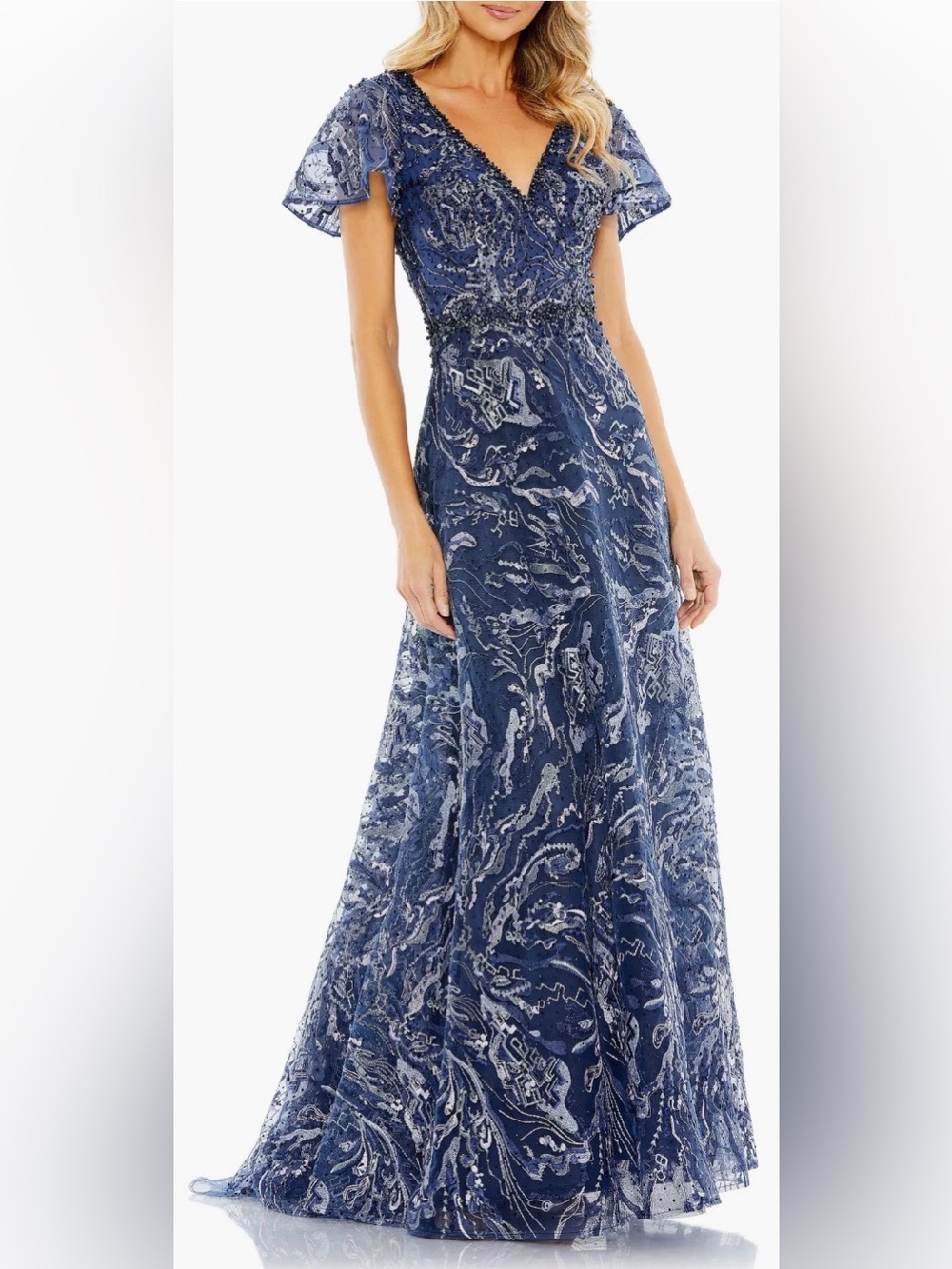 New Mac Duggal 20301 Navy Embellished Illusion Butterfly Sleeve A-Line Gown 18
